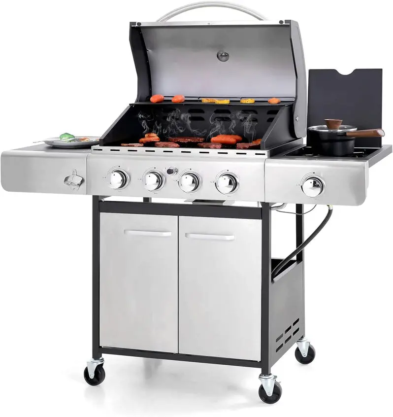 Premium Stainless Steel Propane Grill with Side Burner – 42,000 BTU Outdoor Cooking System with Enameled Cast Iron Grates