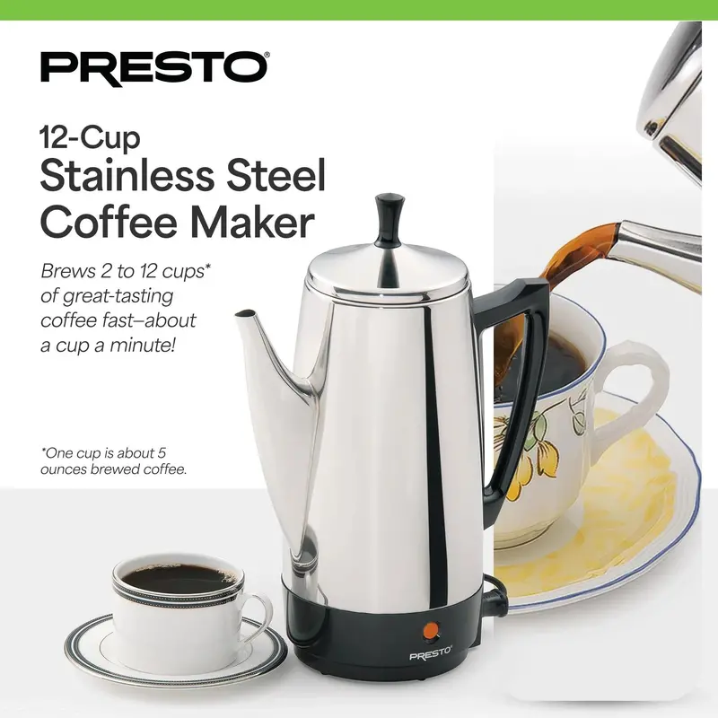 Presto 12-Cup Stainless Steel Percolator – Fast-Brewing Stovetop Coffee Maker (Silver) 2