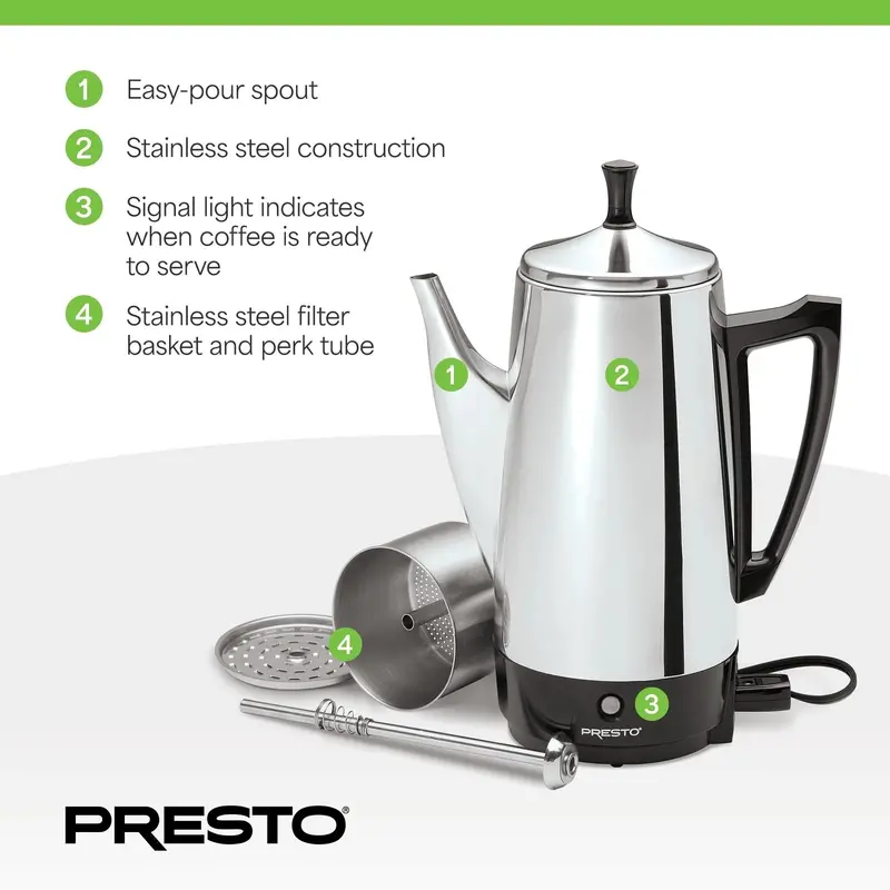Presto 12-Cup Stainless Steel Percolator – Fast-Brewing Stovetop Coffee Maker (Silver)