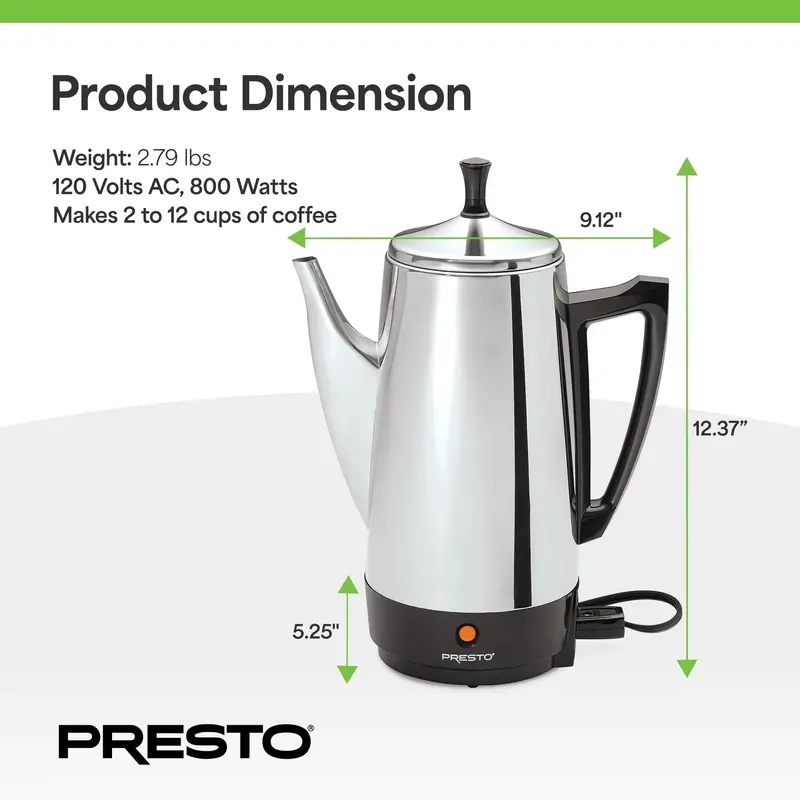 Presto 12-Cup Stainless Steel Percolator – Fast-Brewing Stovetop Coffee Maker (Silver)