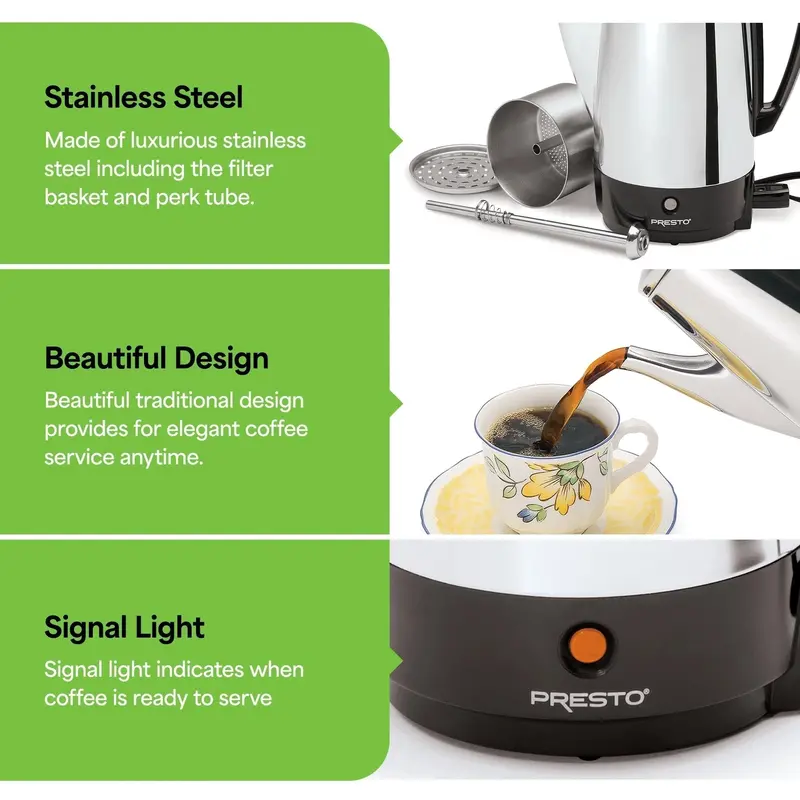 Presto 12-Cup Stainless Steel Percolator – Fast-Brewing Stovetop Coffee Maker (Silver)