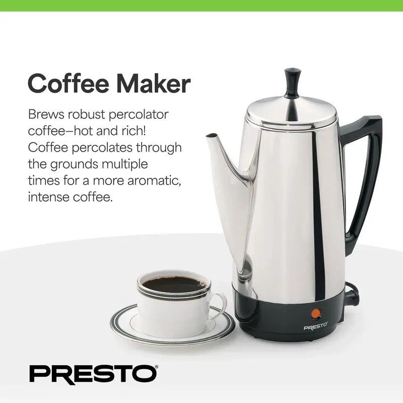 Presto 12-Cup Stainless Steel Percolator – Fast-Brewing Stovetop Coffee Maker (Silver)