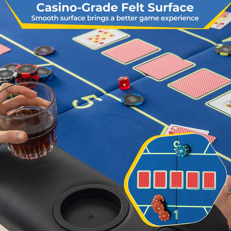 Professional-Grade Foldable Poker Table – 72x36 Inch Surface with 8 Integrated Drink Holders