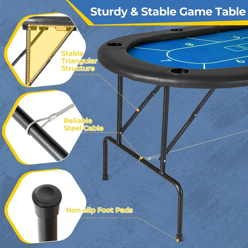 Professional-Grade Foldable Poker Table – 72x36 Inch Surface with 8 Integrated Drink Holders