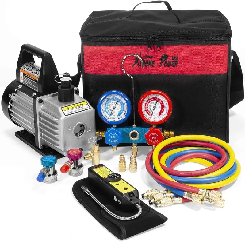 Professional HVAC Vacuum Pump Kit with Manifold Gauges, R134a Tap, Leak Detector, and Carry Case