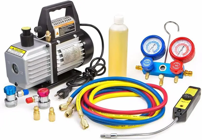 Professional HVAC Vacuum Pump Kit with Manifold Gauges, R134a Tap, Leak Detector, and Carry Case