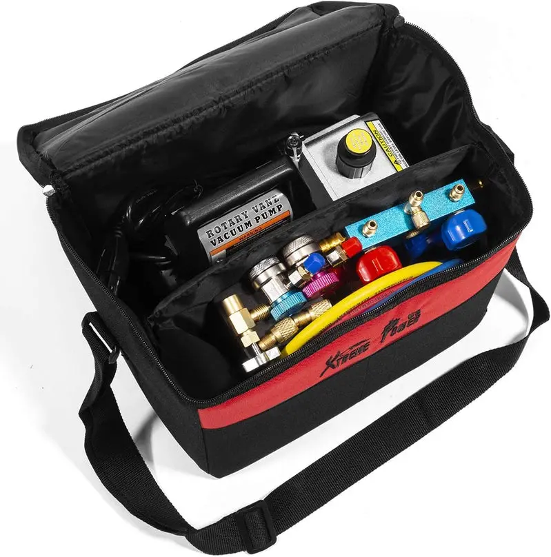 Professional HVAC Vacuum Pump Kit with Manifold Gauges, R134a Tap, Leak Detector, and Carry Case