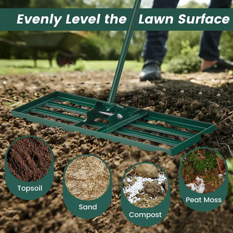 Professional Lawn Leveling Rake, Ergonomic Soil Grading Tool with Reinforced Steel Tines