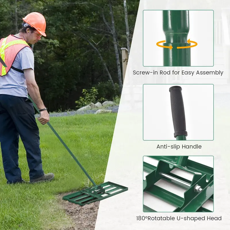 Professional Lawn Leveling Rake, Ergonomic Soil Grading Tool with Reinforced Steel Tines