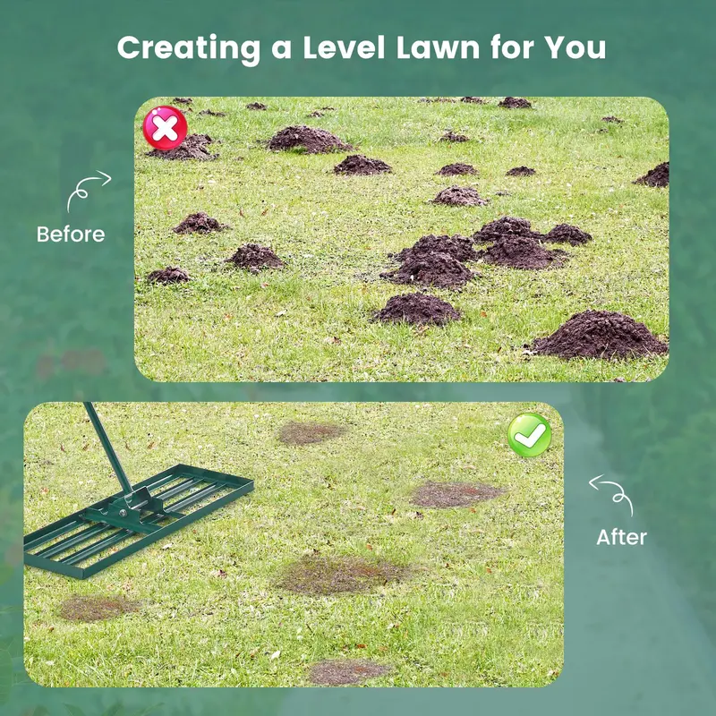 Professional Lawn Leveling Rake, Ergonomic Soil Grading Tool with Reinforced Steel Tines