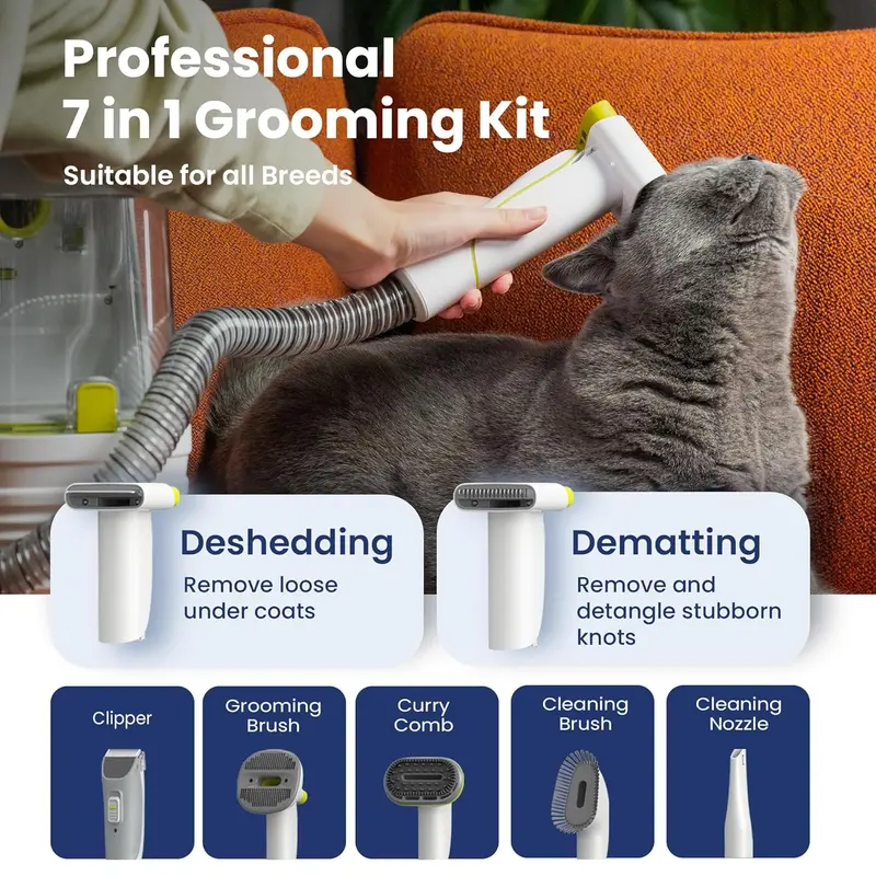 Professional Pet Grooming Vacuum System – Handheld Control, 7 Attachments, 6 Suction Levels, 2.2L HEPA Bin