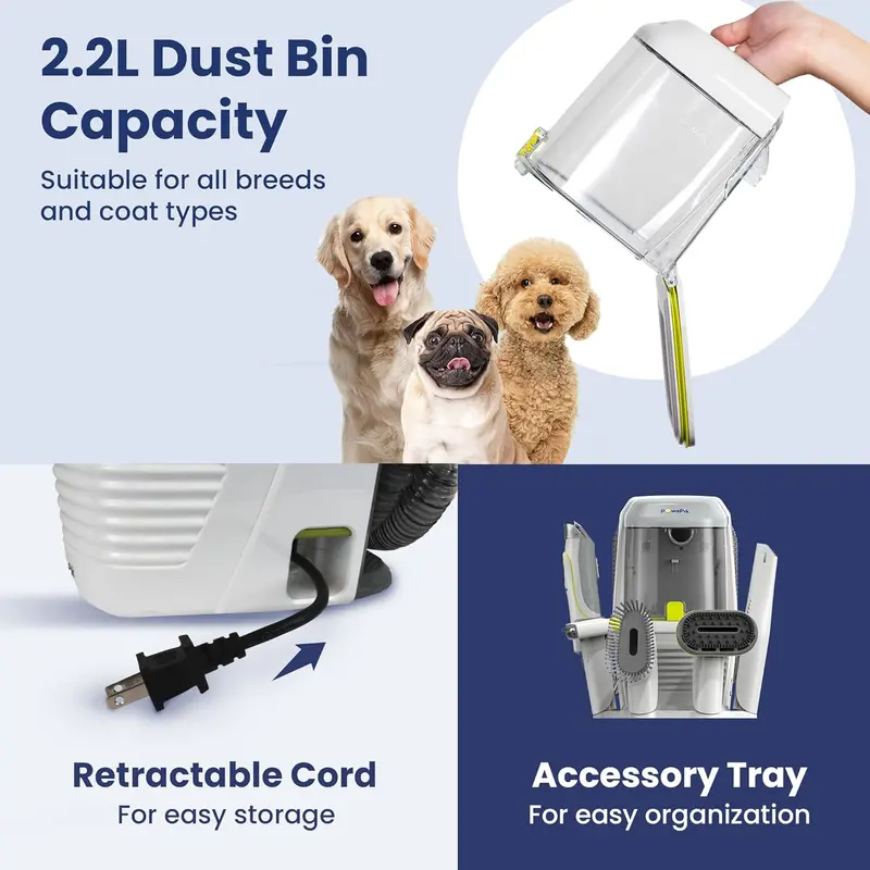 Professional Pet Grooming Vacuum System – Handheld Control, 7 Attachments, 6 Suction Levels, 2.2L HEPA Bin