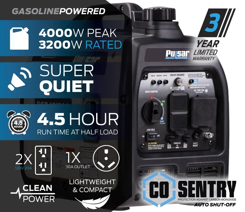 Pulsar 4000W Inverter Generator – Super-Quiet, CO Sentry Safety, Portable & Electronics-Safe