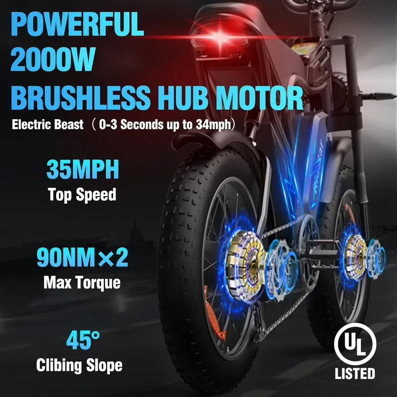 Q20 High-Power Electric Fat Tire Bike – 2000W Motor, 52V Battery, 30–180-Mile Range for Adults