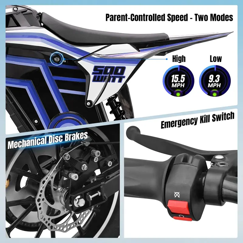 QEASET 500W Youth Electric Dirt Bike – Blue, Designed for Riders Ages 8 to 14