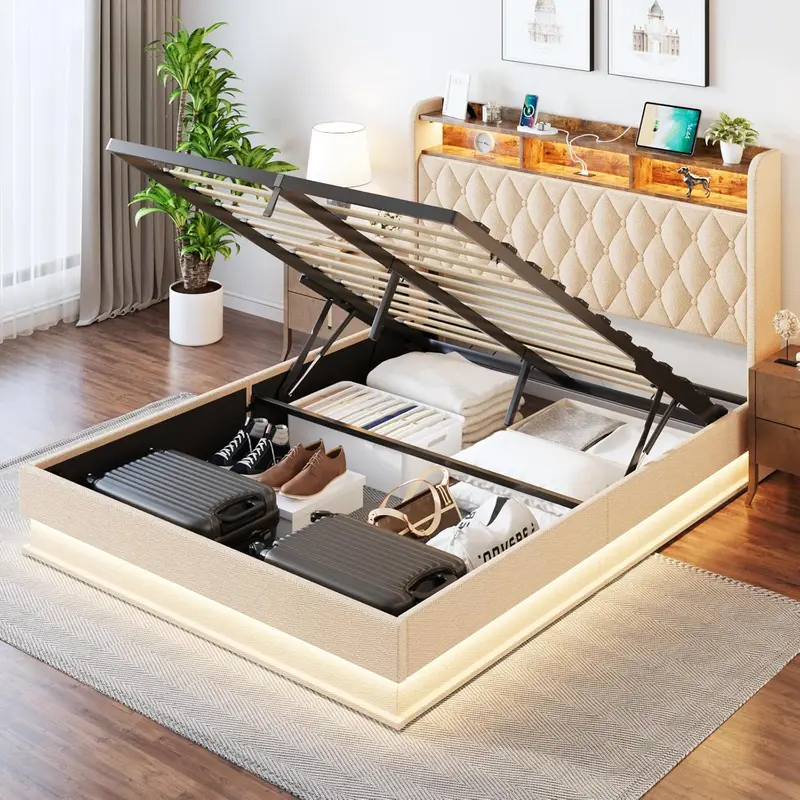Queen Lift-Up Storage Platform Bed – Upholstered Frame with Hydraulic Lift Mechanism & Hidden Under-Bed Compartment 1