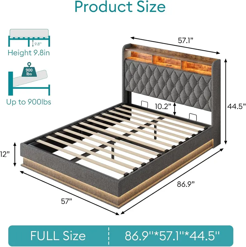 Queen Lift-Up Storage Platform Bed – Upholstered Frame with Hydraulic Lift Mechanism & Hidden Under-Bed Compartment
