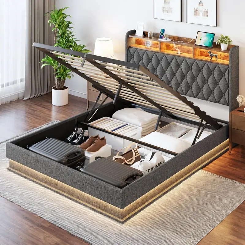 Queen Lift-Up Storage Platform Bed – Upholstered Frame with Hydraulic Lift Mechanism & Hidden Under-Bed Compartment