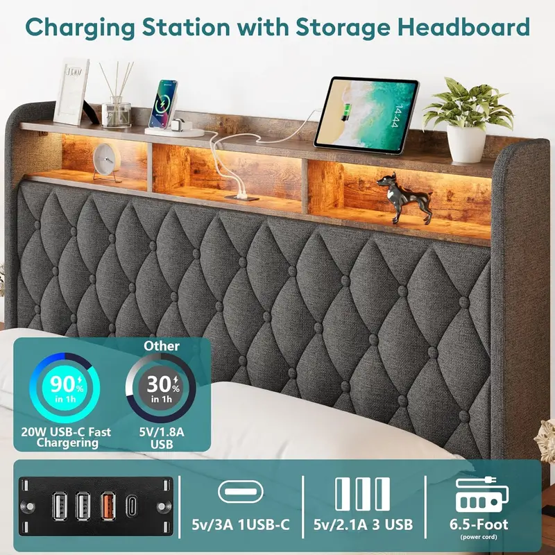 Queen Lift-Up Storage Platform Bed – Upholstered Frame with Hydraulic Lift Mechanism & Hidden Under-Bed Compartment