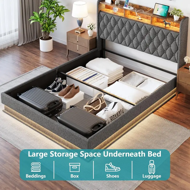 Queen Lift-Up Storage Platform Bed – Upholstered Frame with Hydraulic Lift Mechanism & Hidden Under-Bed Compartment