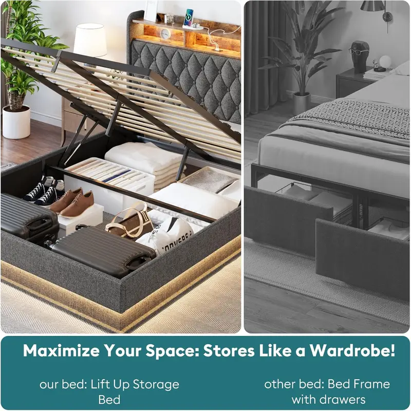 Queen Lift-Up Storage Platform Bed – Upholstered Frame with Hydraulic Lift Mechanism & Hidden Under-Bed Compartment
