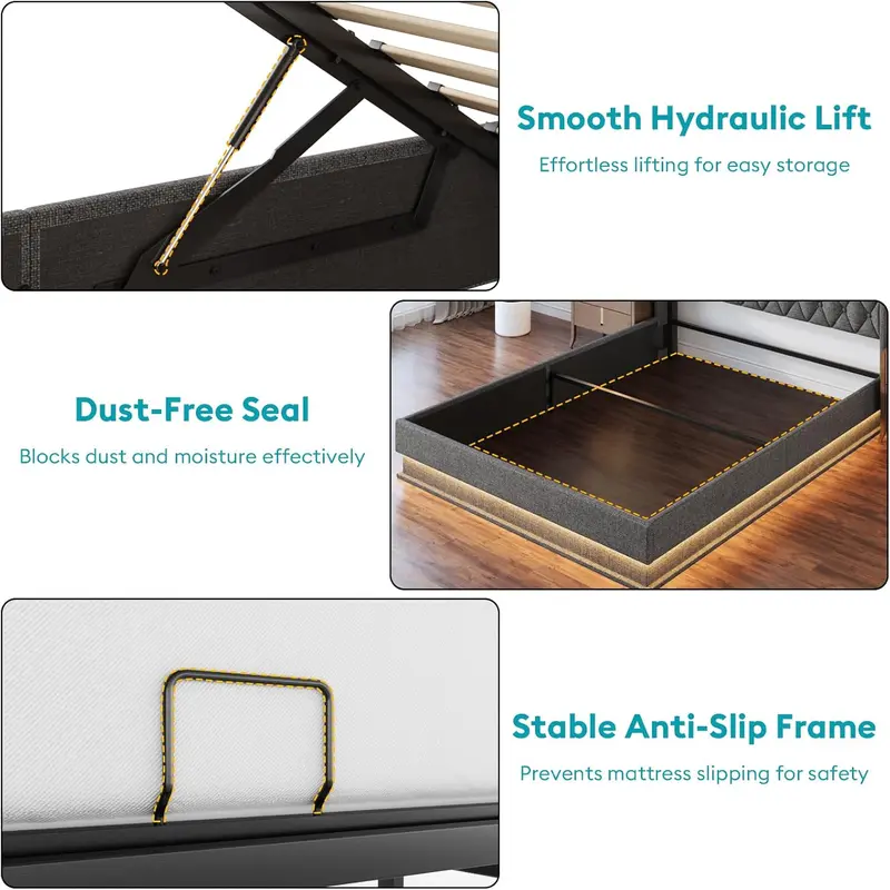 Queen Lift-Up Storage Platform Bed – Upholstered Frame with Hydraulic Lift Mechanism & Hidden Under-Bed Compartment