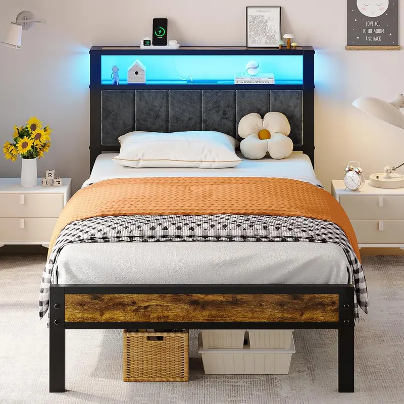 Queen Platform Bed with Storage Headboard – 2-Tier Shelf Design, Integrated Charging Station & Modern Low-Profile Frame 1