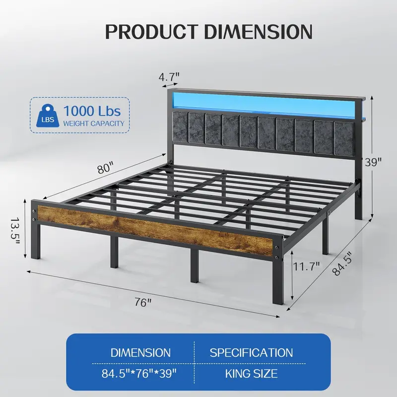 Queen Platform Bed with Storage Headboard – 2-Tier Shelf Design, Integrated Charging Station & Modern Low-Profile Frame