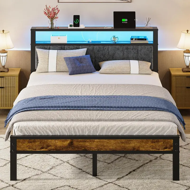 Queen Platform Bed with Storage Headboard – 2-Tier Shelf Design, Integrated Charging Station & Modern Low-Profile Frame