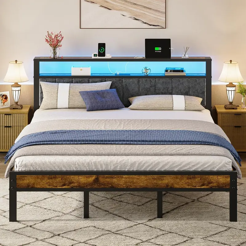 Queen Platform Bed with Storage Headboard – 2-Tier Shelf Design, Integrated Charging Station & Modern Low-Profile Frame