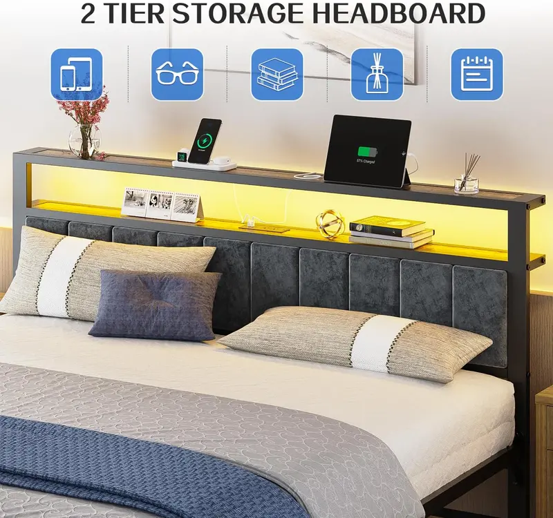 Queen Platform Bed with Storage Headboard – 2-Tier Shelf Design, Integrated Charging Station & Modern Low-Profile Frame