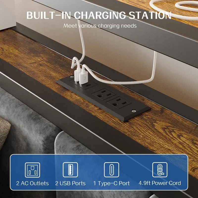 Queen Platform Bed with Storage Headboard – 2-Tier Shelf Design, Integrated Charging Station & Modern Low-Profile Frame
