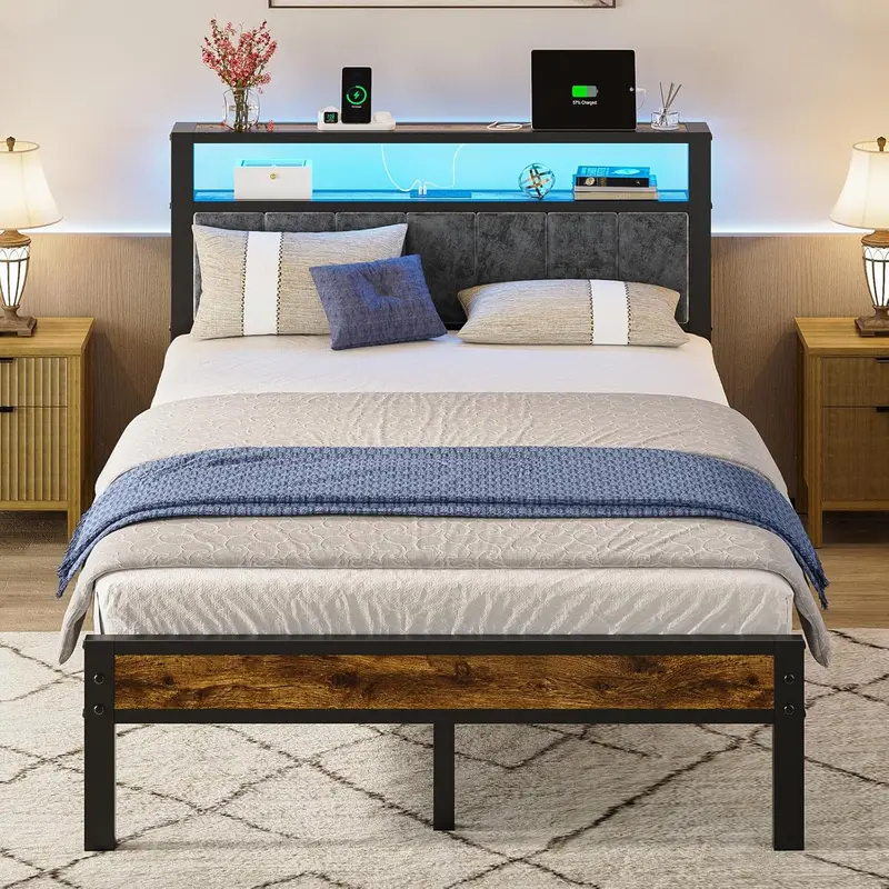 Queen Platform Bed with Storage Headboard – 2-Tier Shelf Design, Integrated Charging Station & Modern Low-Profile Frame