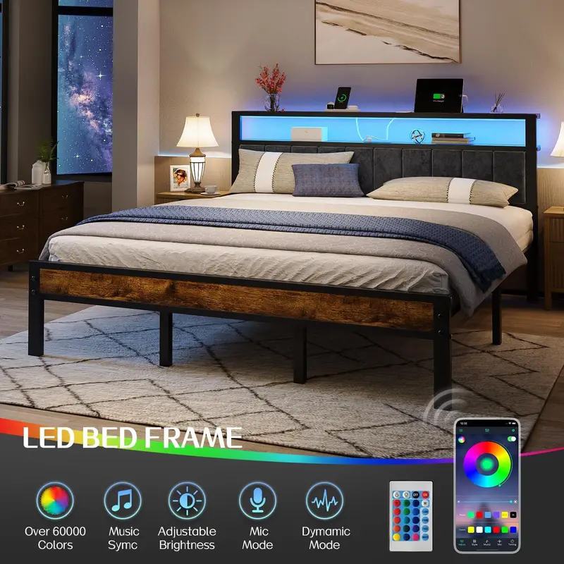 Queen Platform Bed with Storage Headboard – 2-Tier Shelf Design, Integrated Charging Station & Modern Low-Profile Frame