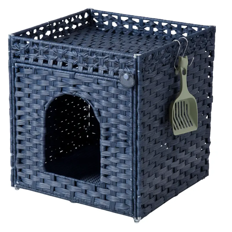 Rattan Cat Litter Enclosure – Handwoven Cabinet with Top Fence and Mat 2