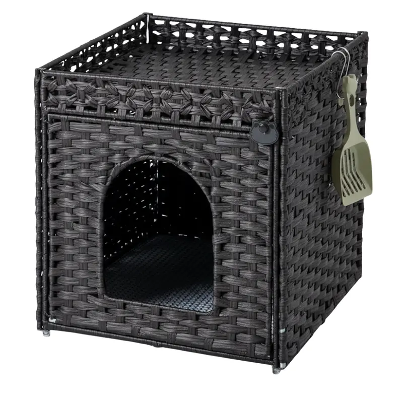 Rattan Cat Litter Enclosure – Handwoven Cabinet with Top Fence and Mat