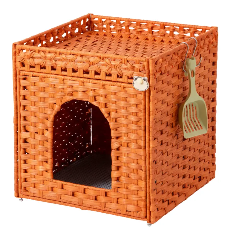 Rattan Cat Litter Enclosure – Handwoven Cabinet with Top Fence and Mat