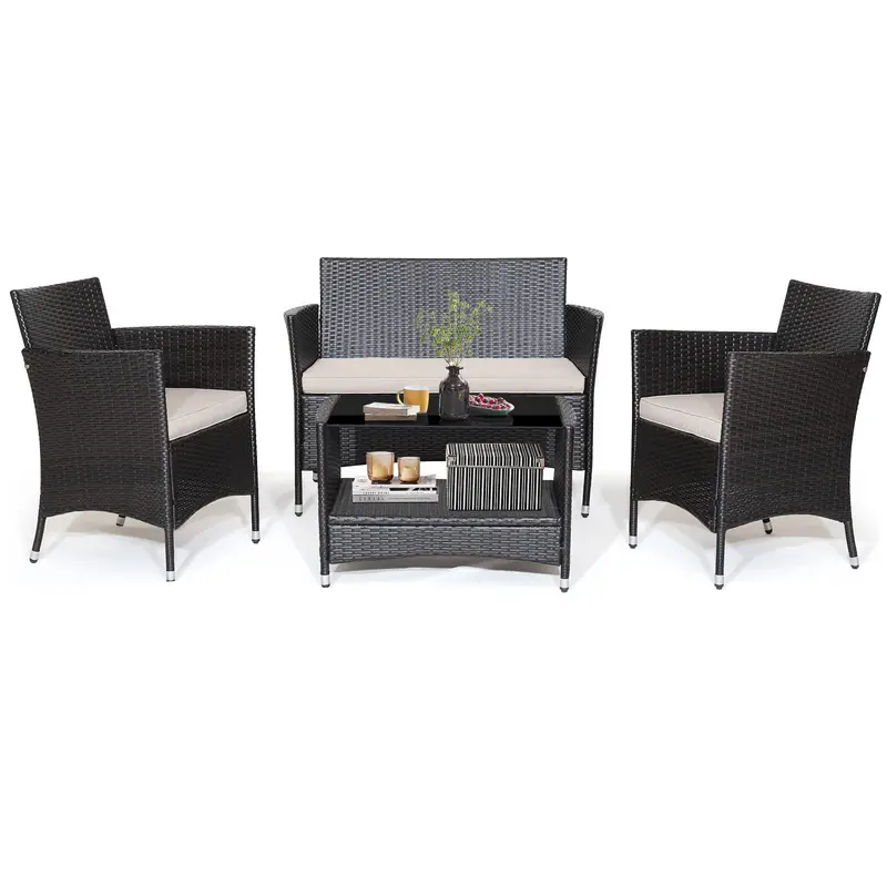 Rattan Patio Sofa Set with Armrest Cushions, Coffee Table, and Storage Shelf 2