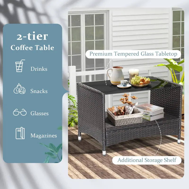 Rattan Patio Sofa Set with Armrest Cushions, Coffee Table, and Storage Shelf