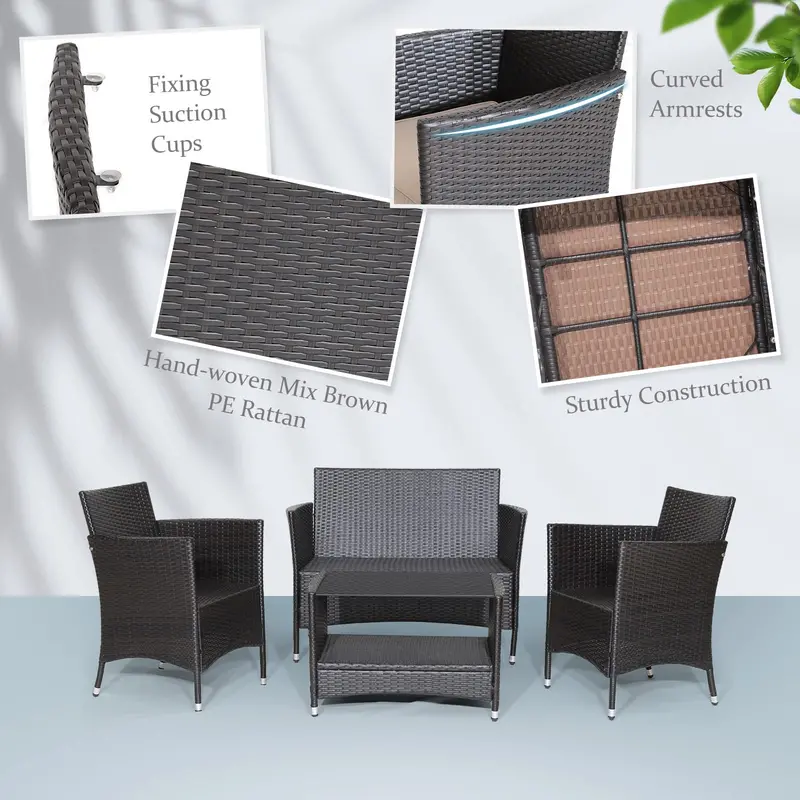 Rattan Patio Sofa Set with Armrest Cushions, Coffee Table, and Storage Shelf
