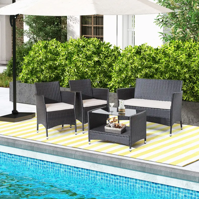 Rattan Patio Sofa Set with Armrest Cushions, Coffee Table, and Storage Shelf