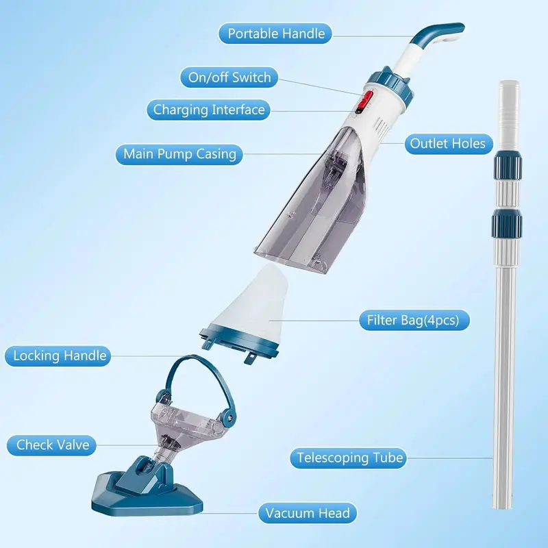 Rechargeable Handheld Pool Vacuum — Telescopic Pole, 1-Hour Runtime, 18.5 GPM Suction for Above-Ground Pools