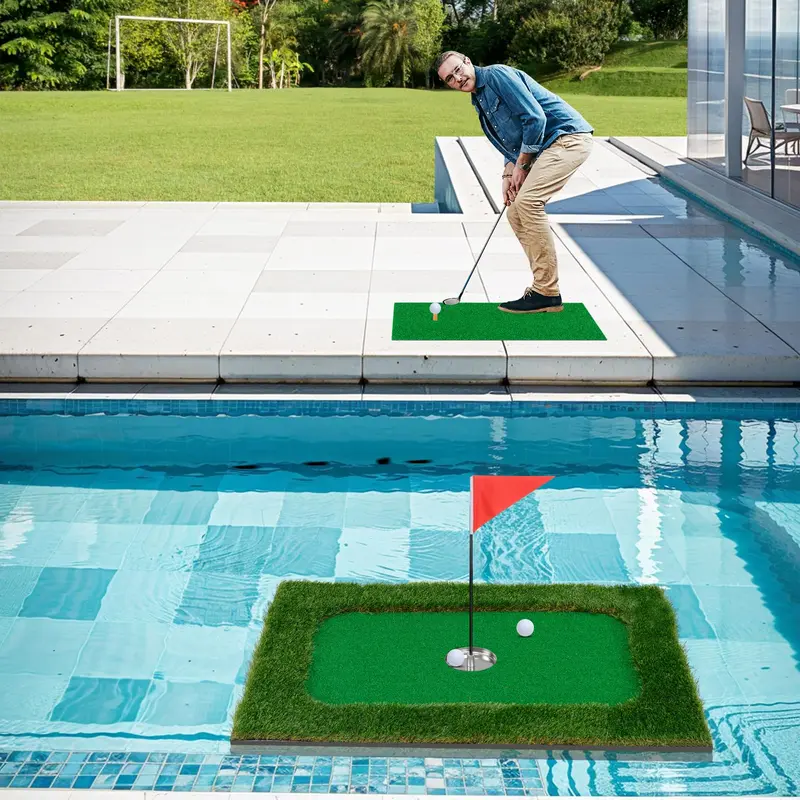 Rectangular Floating Pool Golf Green – Compact Chipping Mat Set with Accessories (35.5" x 23.5")