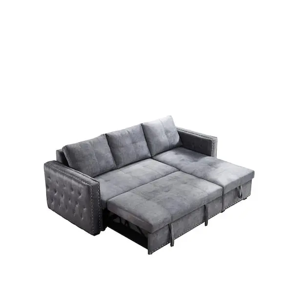 Reversible Gray Velvet L-Shaped Sleeper Sectional Sofa – 3-Seater with Hidden Storage