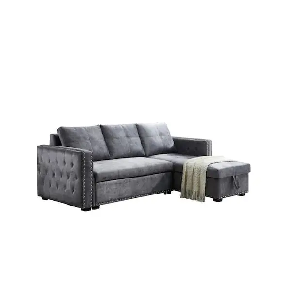 Reversible Gray Velvet L-Shaped Sleeper Sectional Sofa – 3-Seater with Hidden Storage