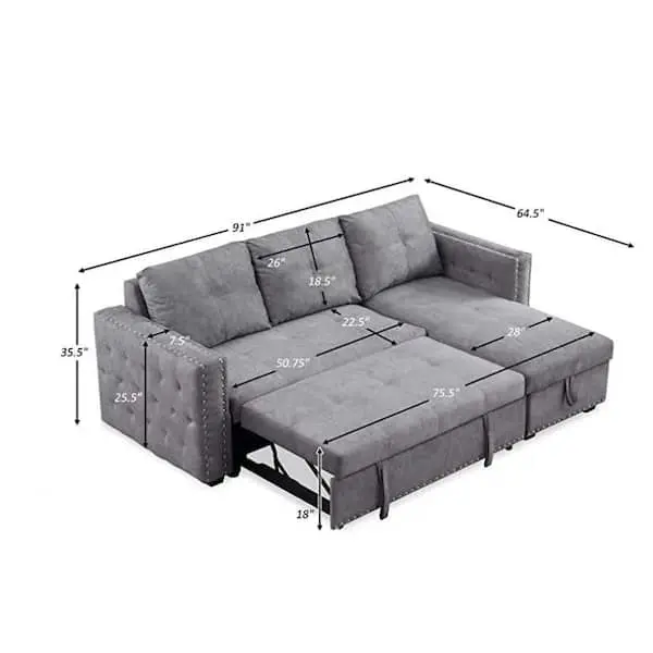 Reversible Gray Velvet L-Shaped Sleeper Sectional Sofa – 3-Seater with Hidden Storage
