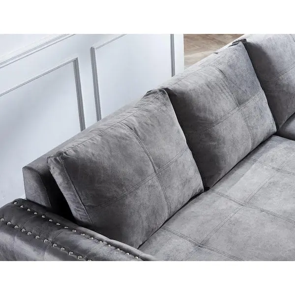Reversible Gray Velvet L-Shaped Sleeper Sectional Sofa – 3-Seater with Hidden Storage