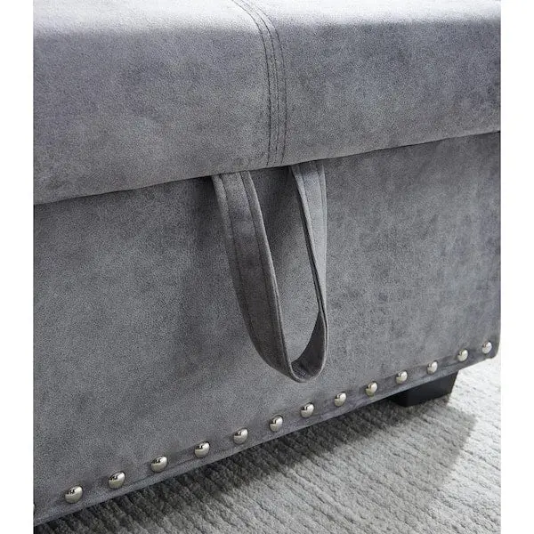 Reversible Gray Velvet L-Shaped Sleeper Sectional Sofa – 3-Seater with Hidden Storage