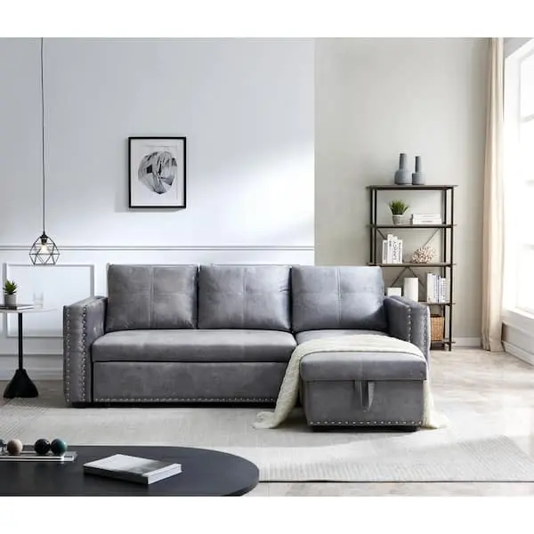Reversible Gray Velvet L-Shaped Sleeper Sectional Sofa – 3-Seater with Hidden Storage