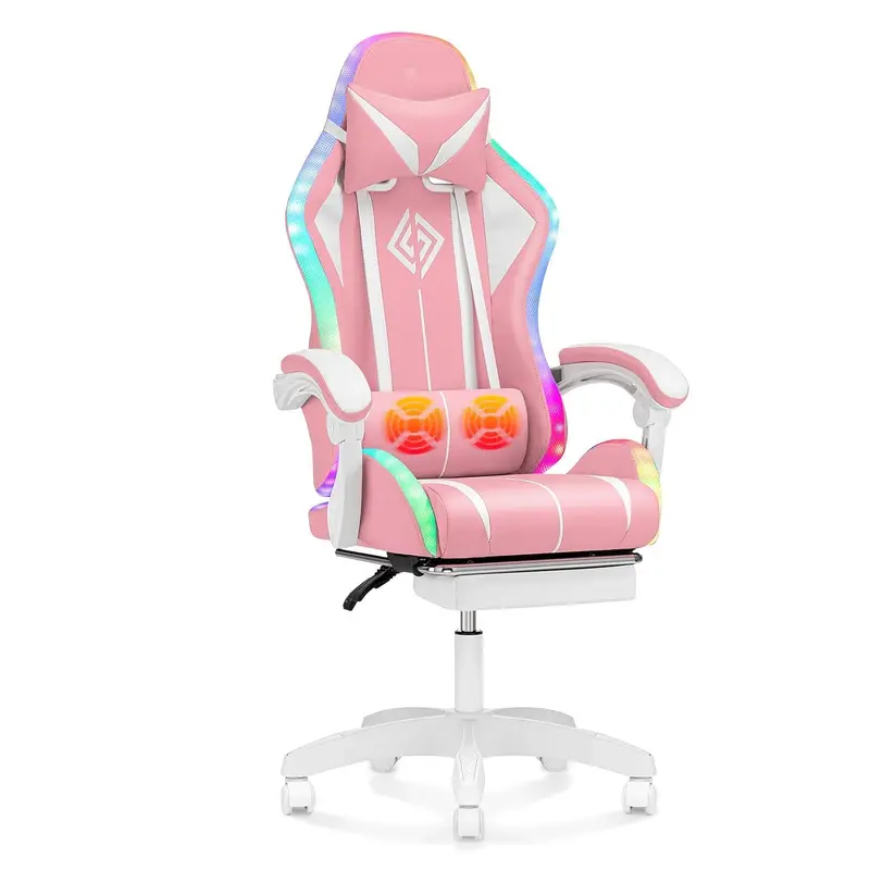RGB LED Gaming Chair with Massage Function – Ergonomic High-Back Recliner Featuring Footrest, Adjustable Lumbar Support & Light Blue/White Accents